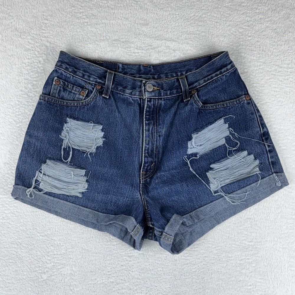 Levi's Jean Shorts Womens Cut Off Cuffed Blue Distressed Denim Shorts‎ Size 30